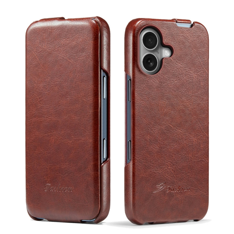For iPhone 16 Fierre Shann 64 Texture Vertical Flip PU Leather Phone Case(Brown)