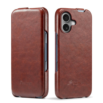For iPhone 16 Fierre Shann 64 Texture Vertical Flip PU Leather Phone Case(Brown)