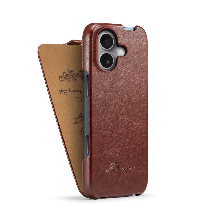 For iPhone 16 Fierre Shann 64 Texture Vertical Flip PU Leather Phone Case(Brown)