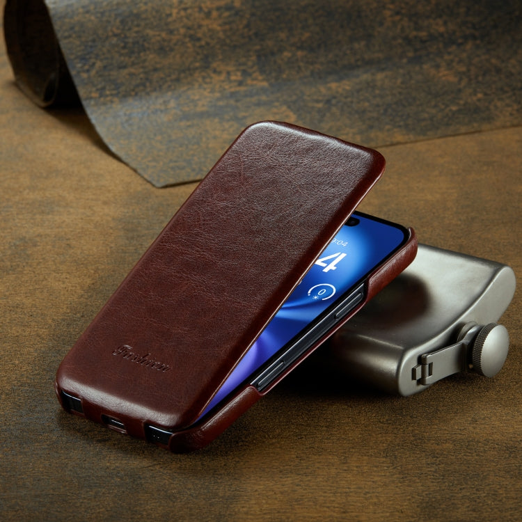For iPhone 16 Fierre Shann 64 Texture Vertical Flip PU Leather Phone Case(Brown)