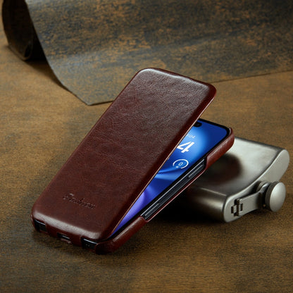 For iPhone 16 Fierre Shann 64 Texture Vertical Flip PU Leather Phone Case(Brown)