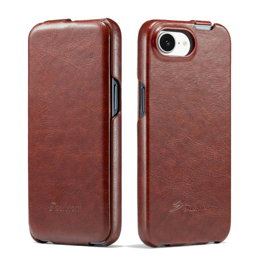 For iPhone 17e / 16e Fierre Shann 64 Texture Vertical Flip PU Leather Phone Case(Brown)
