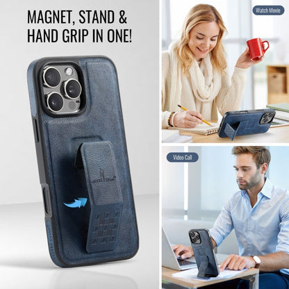For iPhone 16 Pro Fierre Shann Oil Wax Cow Leather Holder Back Phone Case(Blue)
