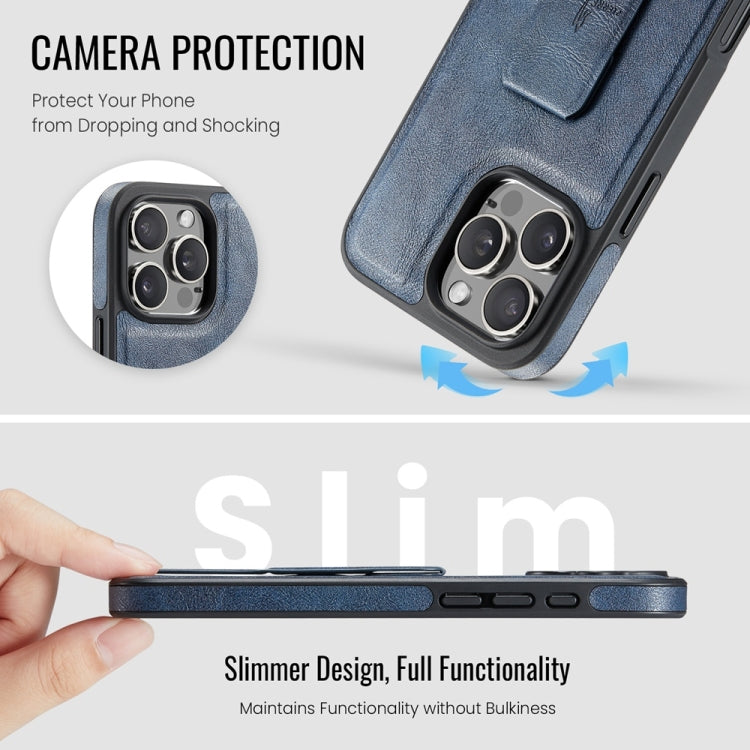 For iPhone 16 Pro Fierre Shann Oil Wax Cow Leather Holder Back Phone Case(Blue)