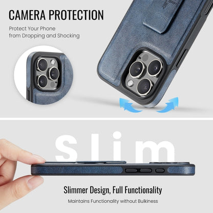 For iPhone 16 Pro Fierre Shann Oil Wax Cow Leather Holder Back Phone Case(Blue)