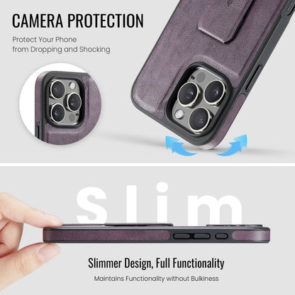 For iPhone 16 Pro Fierre Shann Oil Wax Cow Leather Holder Back Phone Case(Purple)
