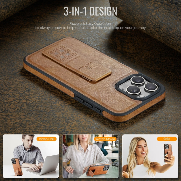 For iPhone 16 Pro Fierre Shann Oil Wax Cow Leather Holder Back Phone Case(Brown)