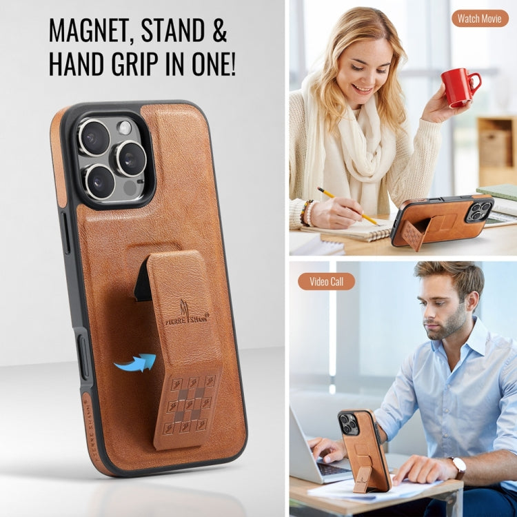 For iPhone 16 Pro Fierre Shann Oil Wax Cow Leather Holder Back Phone Case(Brown)