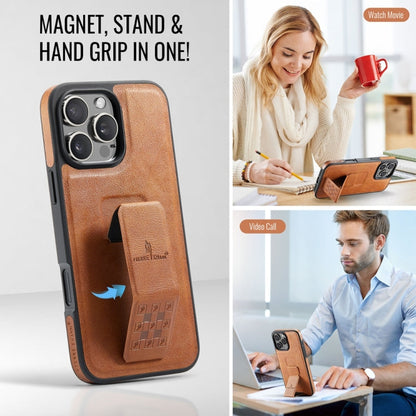 For iPhone 16 Pro Fierre Shann Oil Wax Cow Leather Holder Back Phone Case(Brown)