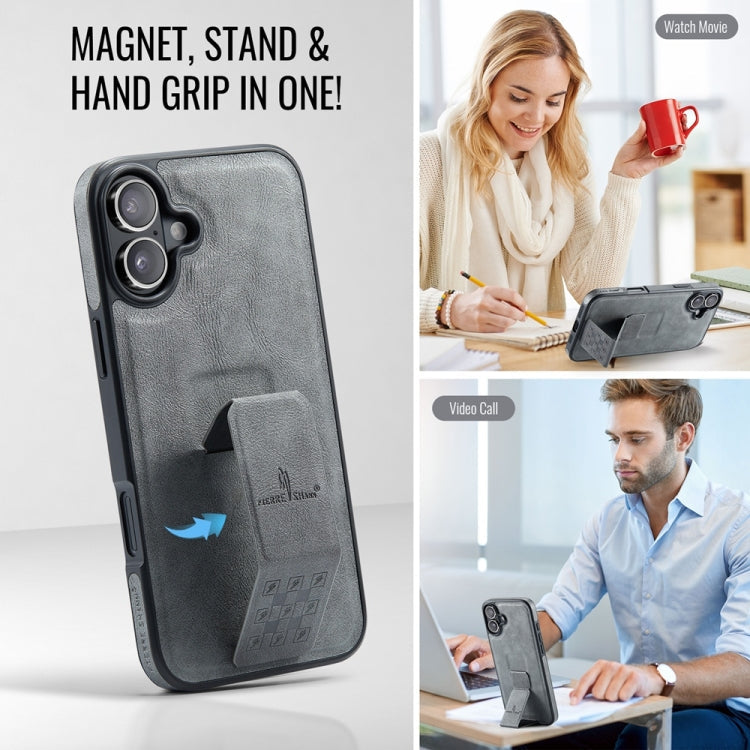 Pour iPhone 16 Plus Fierre Shann Étui de téléphone arrière en cuir de vachette ciré (Gris)