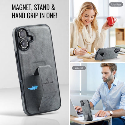 Pour iPhone 16 Plus Fierre Shann Étui de téléphone arrière en cuir de vachette ciré (Gris)