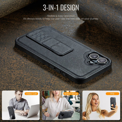 For iPhone 16 Fierre Shann Oil Wax Cow Leather Holder Back Phone Case(Black)