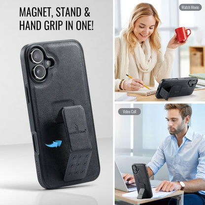 For iPhone 16 Fierre Shann Oil Wax Cow Leather Holder Back Phone Case(Black)
