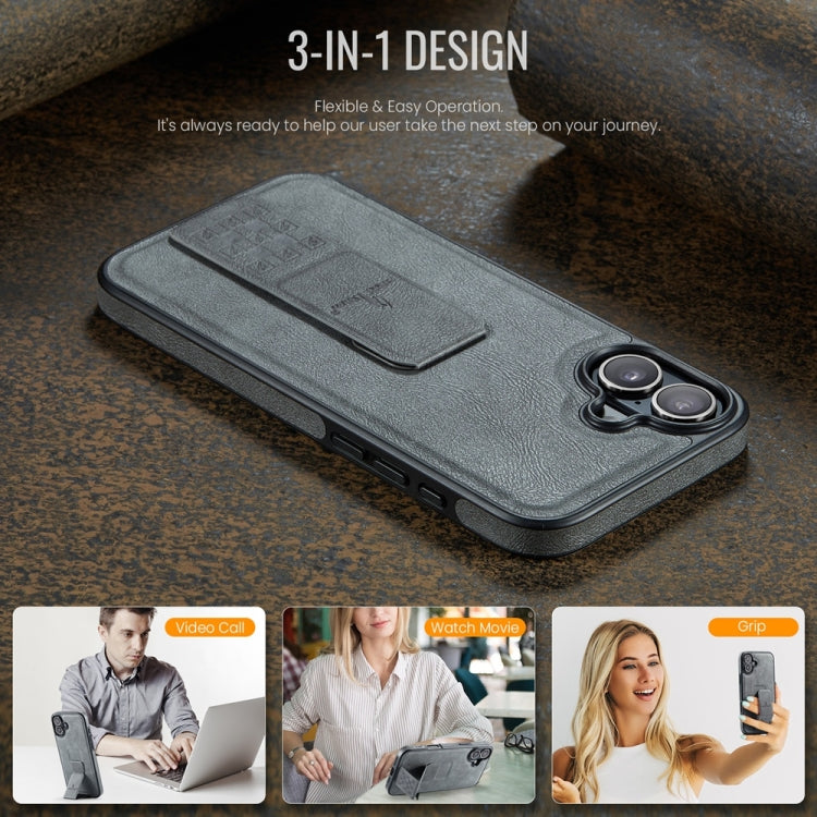 For iPhone 16 Fierre Shann Oil Wax Cow Leather Holder Back Phone Case(Grey)