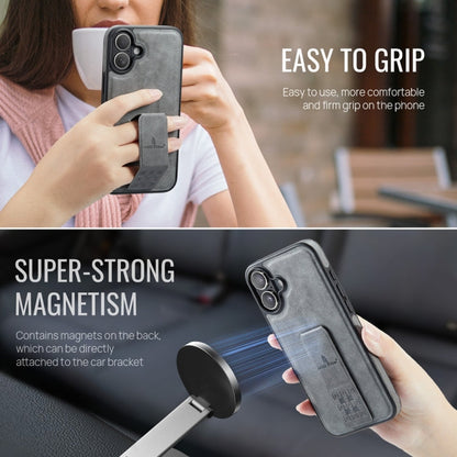 For iPhone 16 Fierre Shann Oil Wax Cow Leather Holder Back Phone Case(Grey)