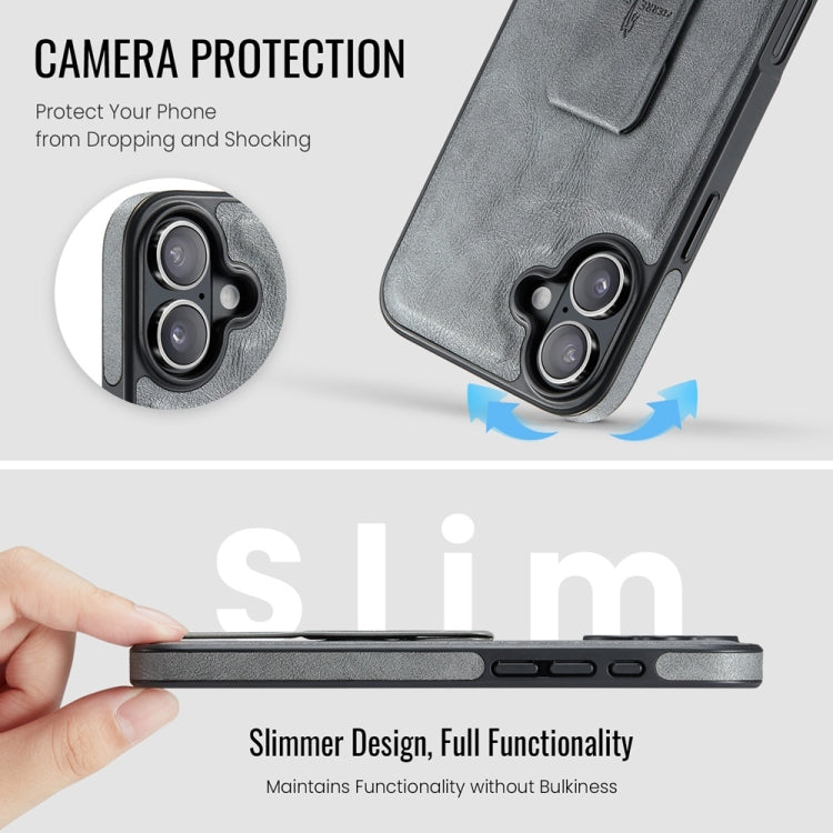 For iPhone 16 Fierre Shann Oil Wax Cow Leather Holder Back Phone Case(Grey)