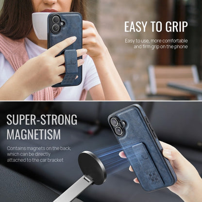 For iPhone 16 Fierre Shann Oil Wax Cow Leather Holder Back Phone Case(Blue)