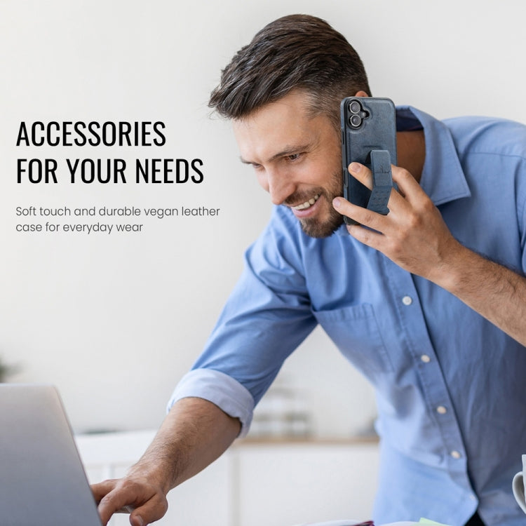 For iPhone 16 Fierre Shann Oil Wax Cow Leather Holder Back Phone Case(Blue)