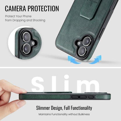 For iPhone 16 Fierre Shann Oil Wax Cow Leather Holder Back Phone Case(Green)