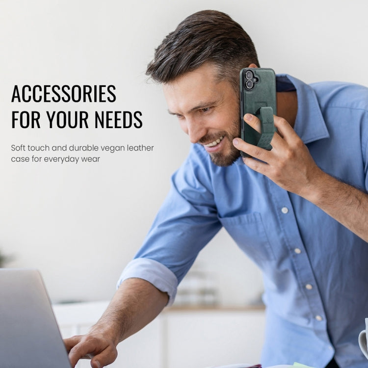 For iPhone 16 Fierre Shann Oil Wax Cow Leather Holder Back Phone Case(Green)