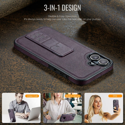 For iPhone 16 Fierre Shann Oil Wax Cow Leather Holder Back Phone Case(Purple)
