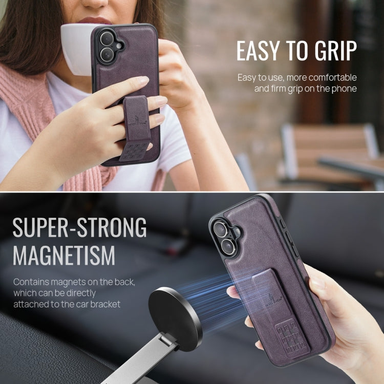 For iPhone 16 Fierre Shann Oil Wax Cow Leather Holder Back Phone Case(Purple)