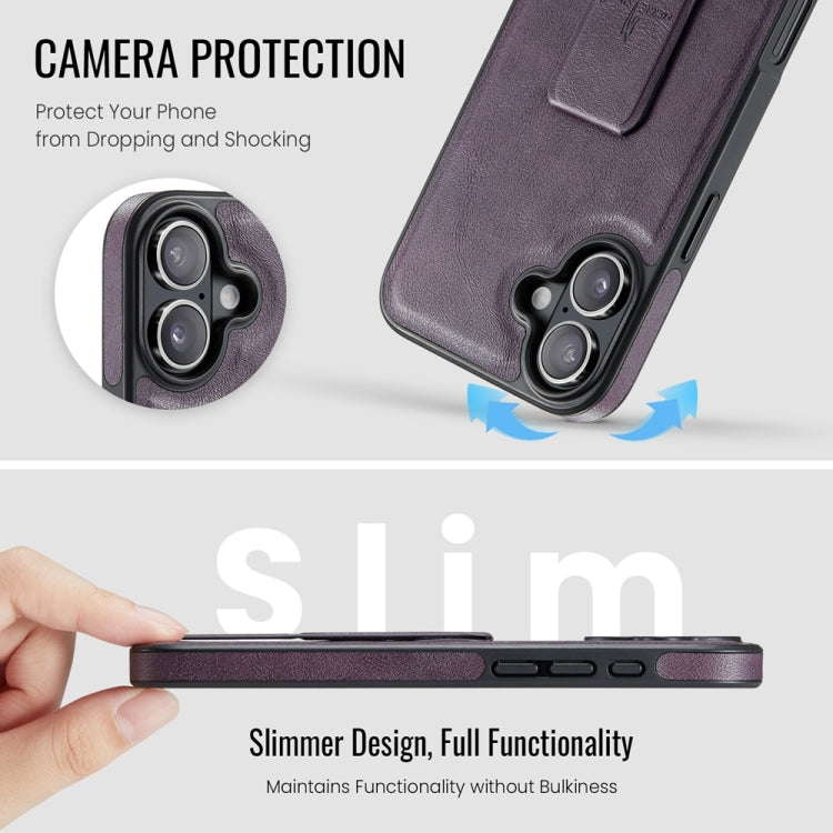 For iPhone 16 Fierre Shann Oil Wax Cow Leather Holder Back Phone Case(Purple)