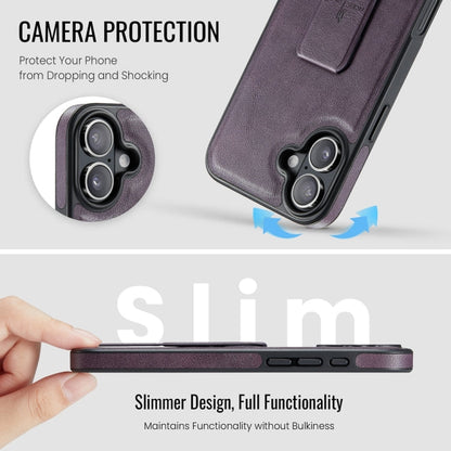 For iPhone 16 Fierre Shann Oil Wax Cow Leather Holder Back Phone Case(Purple)