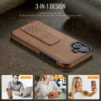 For iPhone 16 Fierre Shann Oil Wax Cow Leather Holder Back Phone Case(Brown)