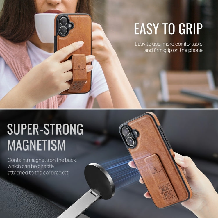 For iPhone 16 Fierre Shann Oil Wax Cow Leather Holder Back Phone Case(Brown)