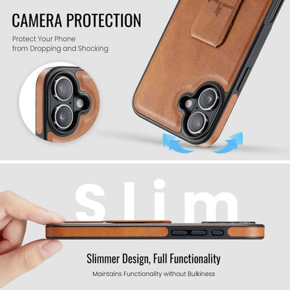 For iPhone 16 Fierre Shann Oil Wax Cow Leather Holder Back Phone Case(Brown)