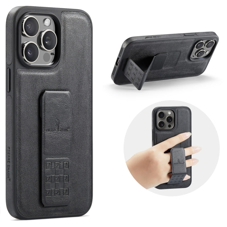 For iPhone 15 Pro Max Fierre Shann Oil Wax Cow Leather Holder Back Phone Case(Black)