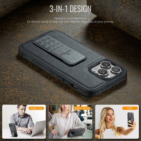 For iPhone 15 Pro Max Fierre Shann Oil Wax Cow Leather Holder Back Phone Case(Black)