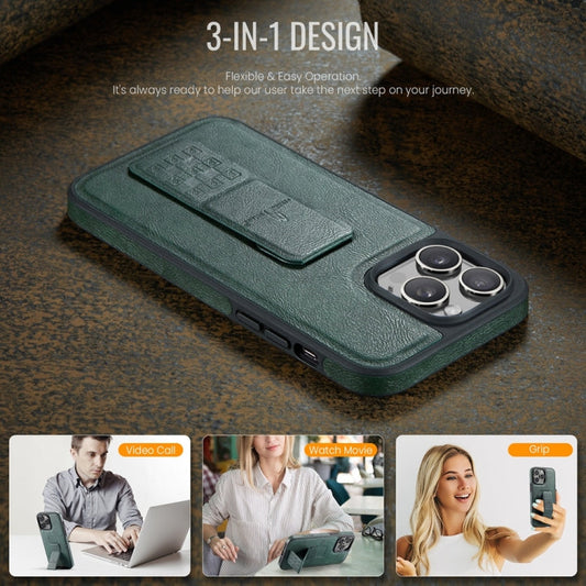 For iPhone 15 Pro Max Fierre Shann Oil Wax Cow Leather Holder Back Phone Case(Green)