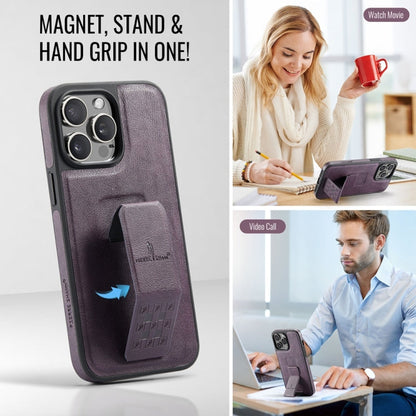 For iPhone 15 Pro Max Fierre Shann Oil Wax Cow Leather Holder Back Phone Case(Purple)