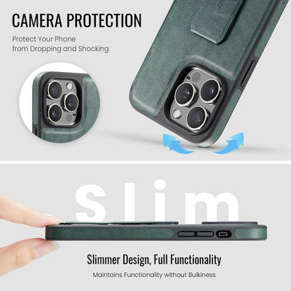 For iPhone 15 Pro Fierre Shann Oil Wax Cow Leather Holder Back Phone Case(Green)