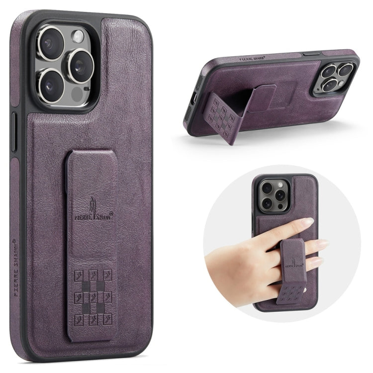 For iPhone 15 Pro Fierre Shann Oil Wax Cow Leather Holder Back Phone Case(Purple)