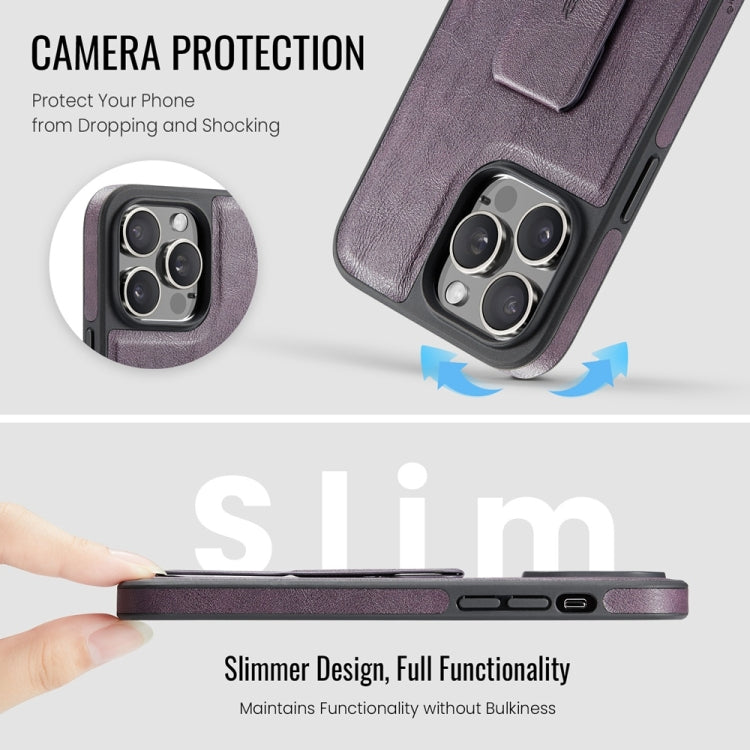 For iPhone 15 Pro Fierre Shann Oil Wax Cow Leather Holder Back Phone Case(Purple)