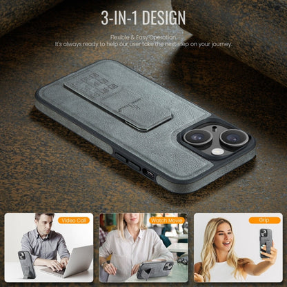 For iPhone 15 Plus Fierre Shann Oil Wax Cow Leather Holder Back Phone Case(Grey)