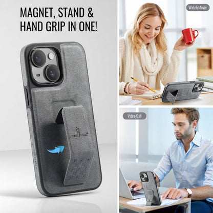 For iPhone 15 Plus Fierre Shann Oil Wax Cow Leather Holder Back Phone Case(Grey)