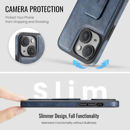 For iPhone 15 Plus Fierre Shann Oil Wax Cow Leather Holder Back Phone Case(Blue)