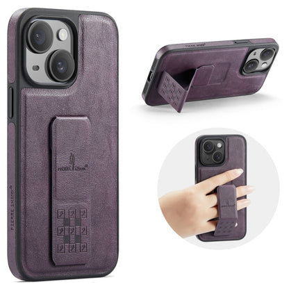 For iPhone 15 Plus Fierre Shann Oil Wax Cow Leather Holder Back Phone Case(Purple)