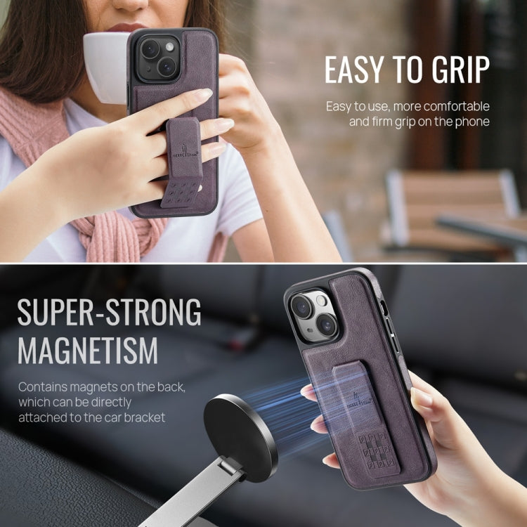 For iPhone 15 Plus Fierre Shann Oil Wax Cow Leather Holder Back Phone Case(Purple)