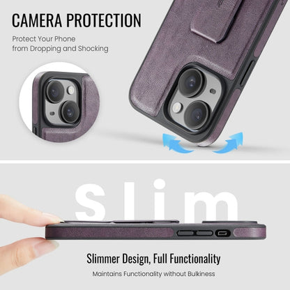 For iPhone 15 Plus Fierre Shann Oil Wax Cow Leather Holder Back Phone Case(Purple)