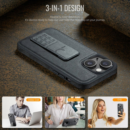 For iPhone 15 Fierre Shann Oil Wax Cow Leather Holder Back Phone Case(Black)