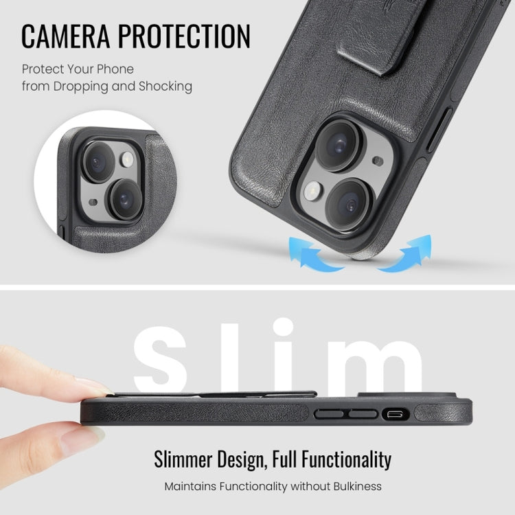 For iPhone 15 Fierre Shann Oil Wax Cow Leather Holder Back Phone Case(Black)