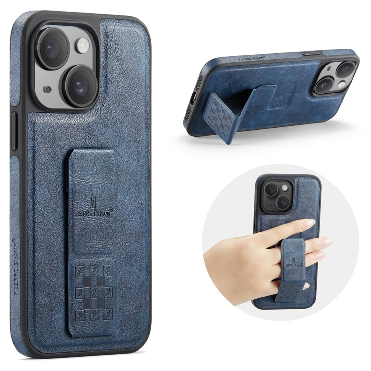 For iPhone 15 Fierre Shann Oil Wax Cow Leather Holder Back Phone Case(Blue)