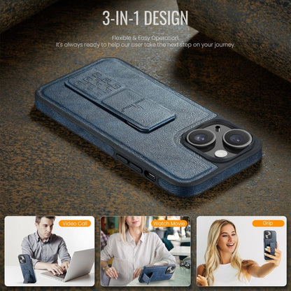 For iPhone 15 Fierre Shann Oil Wax Cow Leather Holder Back Phone Case(Blue)