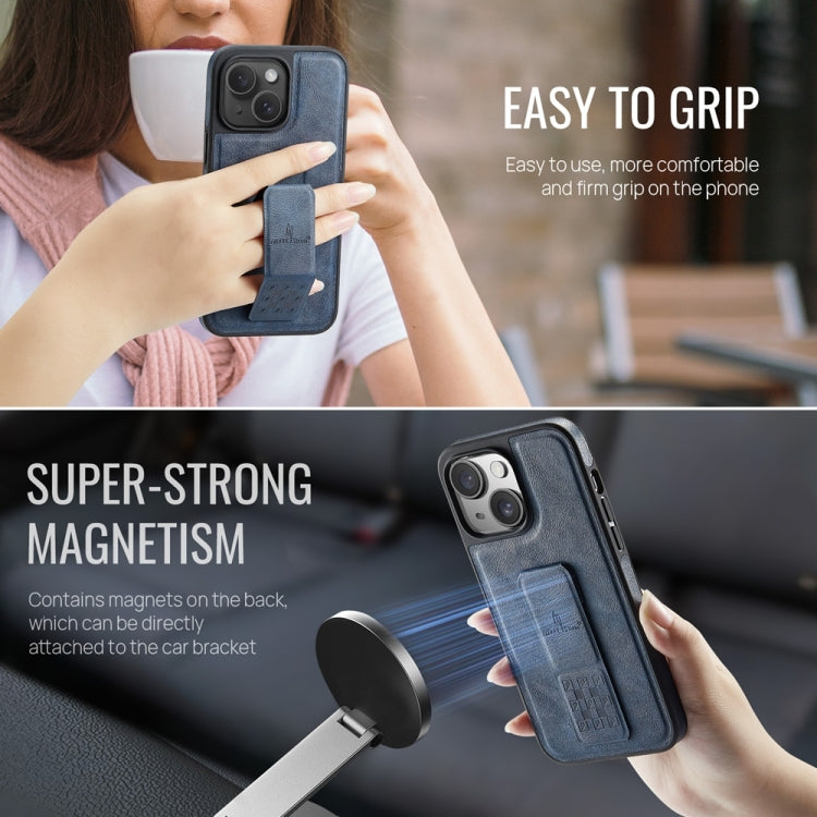 For iPhone 15 Fierre Shann Oil Wax Cow Leather Holder Back Phone Case(Blue)