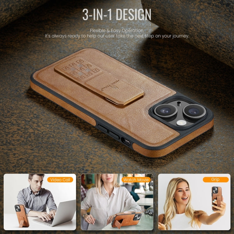 For iPhone 15 Fierre Shann Oil Wax Cow Leather Holder Back Phone Case(Brown)